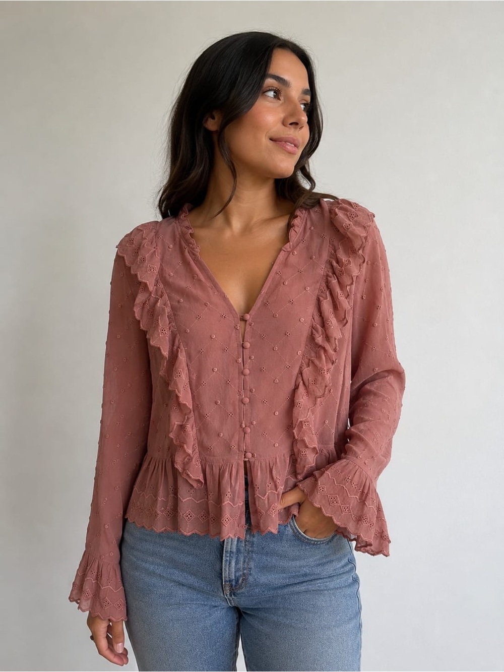 H&M Dusty Rose Eyelet Ruffle Peplum Blouse Size US 6